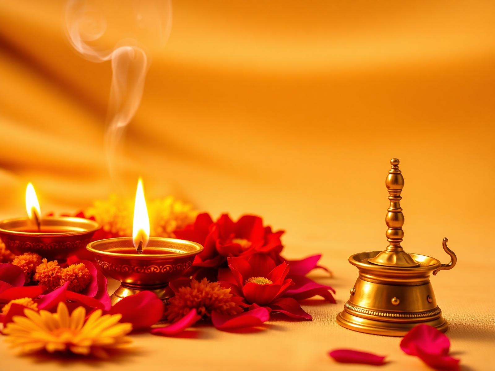 Diyas, marigolds and temple bell